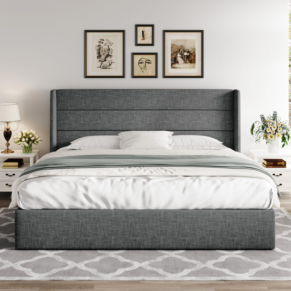 Allewie King Size Lift Up Storage Bed, Modern Wingback Headboard, Hydraulic Support, No Box Spring Needed, Light Beige