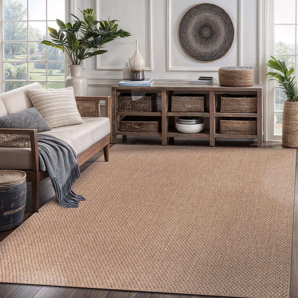 CAMILSON Easy Jute Rug 10x14, Indoor Outdoor Natural Color Fiber Area Rugs for Living Room Patio and Kitchen Rug, Sisal Boho Woven Design, Easy-Cleaning, Washable Outside Carpet Alfombras (10 x 14)