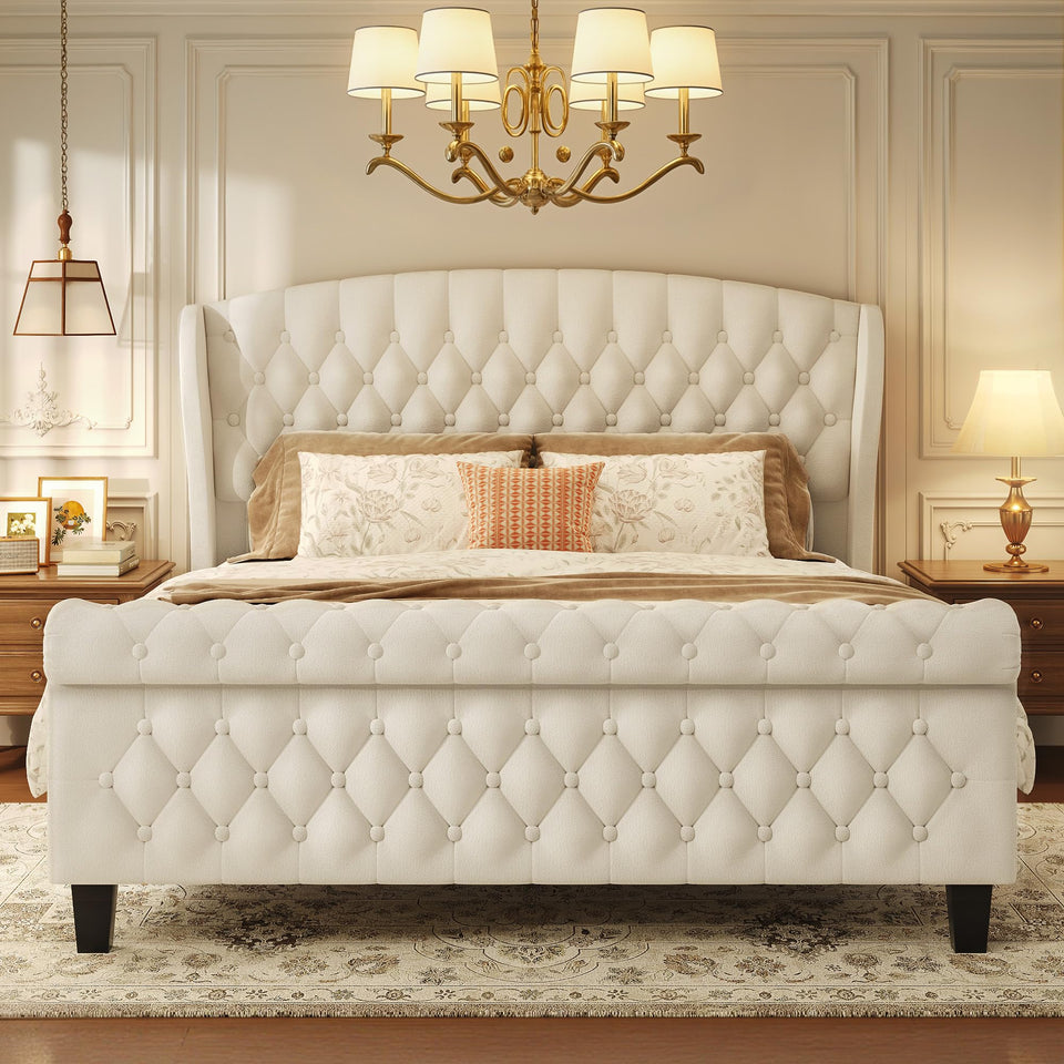 HISOFT Queen Bed Frame, 39" Tall Velvet Upholstered Sleigh Bed with Wingback Headboard & Scroll Footboard, No Box Spring Needed, Sturdy Support, Easy Assembly, Noise Free, Button Tufted, White