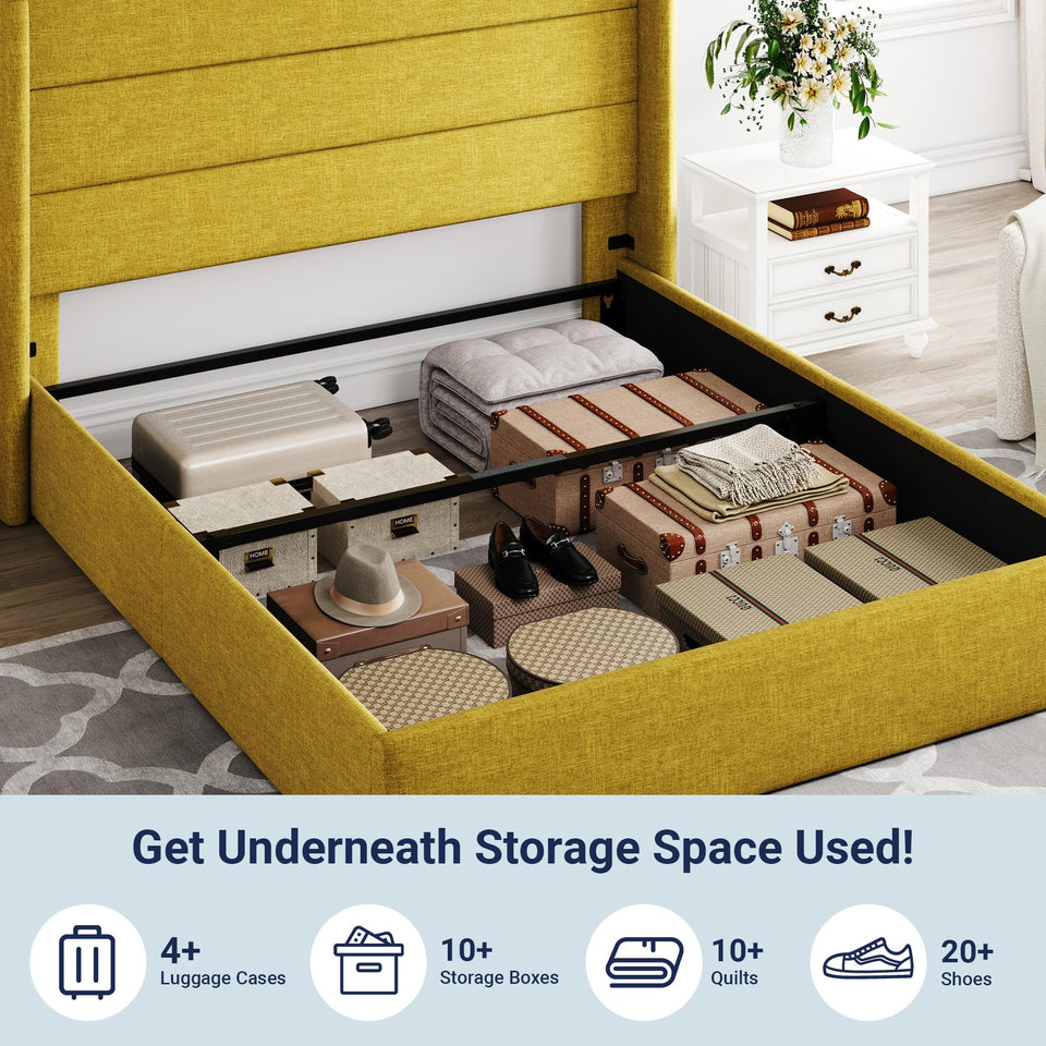 Allewie King Size Lift Up Storage Bed, Modern Wingback Headboard, Hydraulic Support, No Box Spring Needed, Light Beige