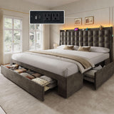 YITAHOME King Size Bed Frame with 3 Storage Drawers and RGB LED Lights, Velvet Upholstered Bed with Charging Station and Storage Headboard, No Box Spring Needed, Easy Assembly, Noise-Free, Grey