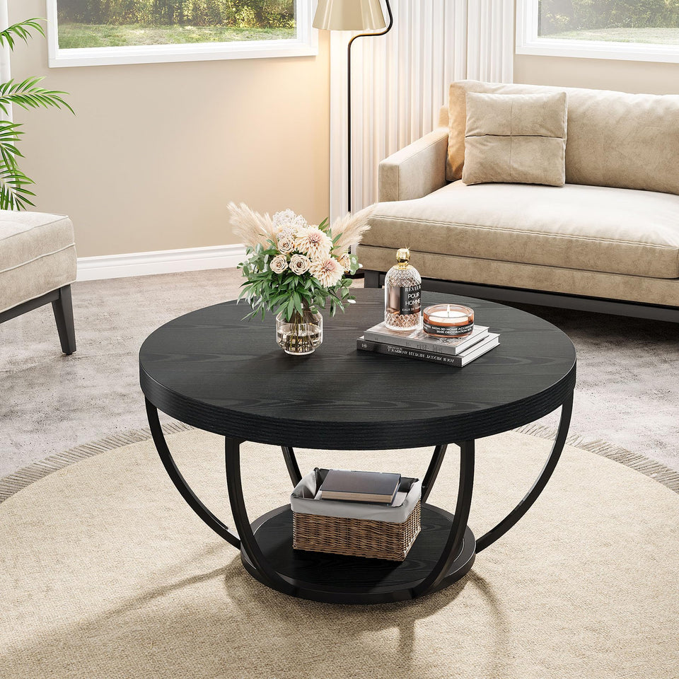Tribesigns Round Coffee Table, 31.7" Wooden 2-Tier Circle Coffee Table with Storage Shelves, Modern Accent Cocktail Table Center Table for Living Room, Rustic Brown