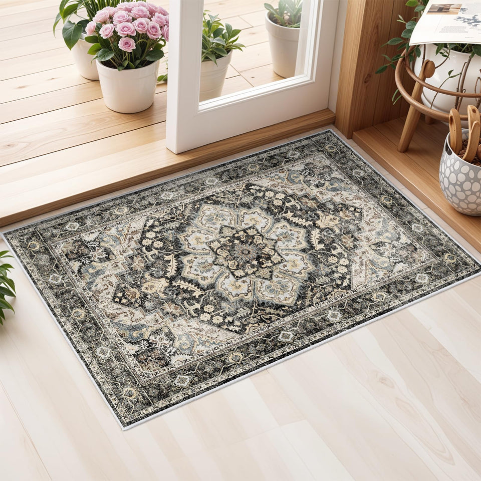 TOPRUUG Washable Oriental Area Rug - 12x15 Rugs for Living Room Soft Carpet for Bedroom Waterproof Floral Distressed Indoor Stain Resistant Non-Shedding Floor Carpets (Green, 12x15)
