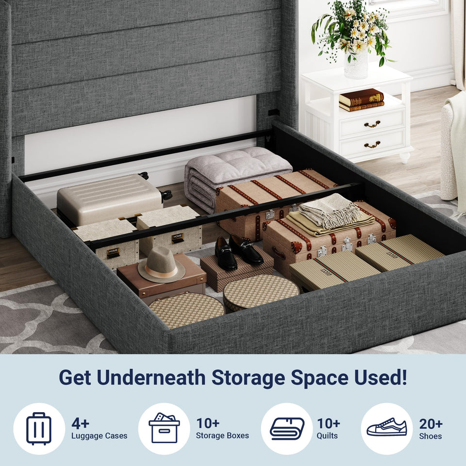 Allewie King Size Lift Up Storage Bed, Modern Wingback Headboard, Hydraulic Support, No Box Spring Needed, Light Beige