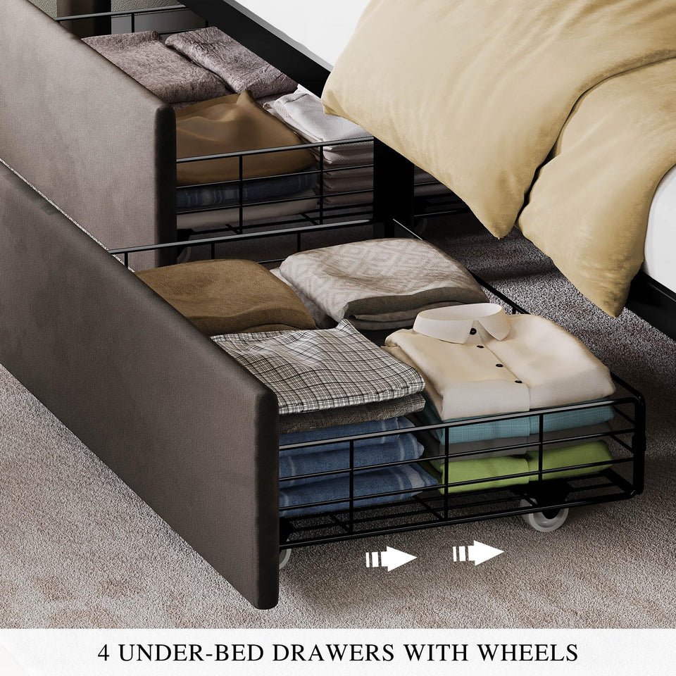 YITAHOME King Size Bed Frame with 4 Drawers and RGB LED Lights, Velvet Upholstered Platform Bed with Charging Station and Storage Headboard, No Box Spring Needed, Easy Assembly, Noise-Free, Black