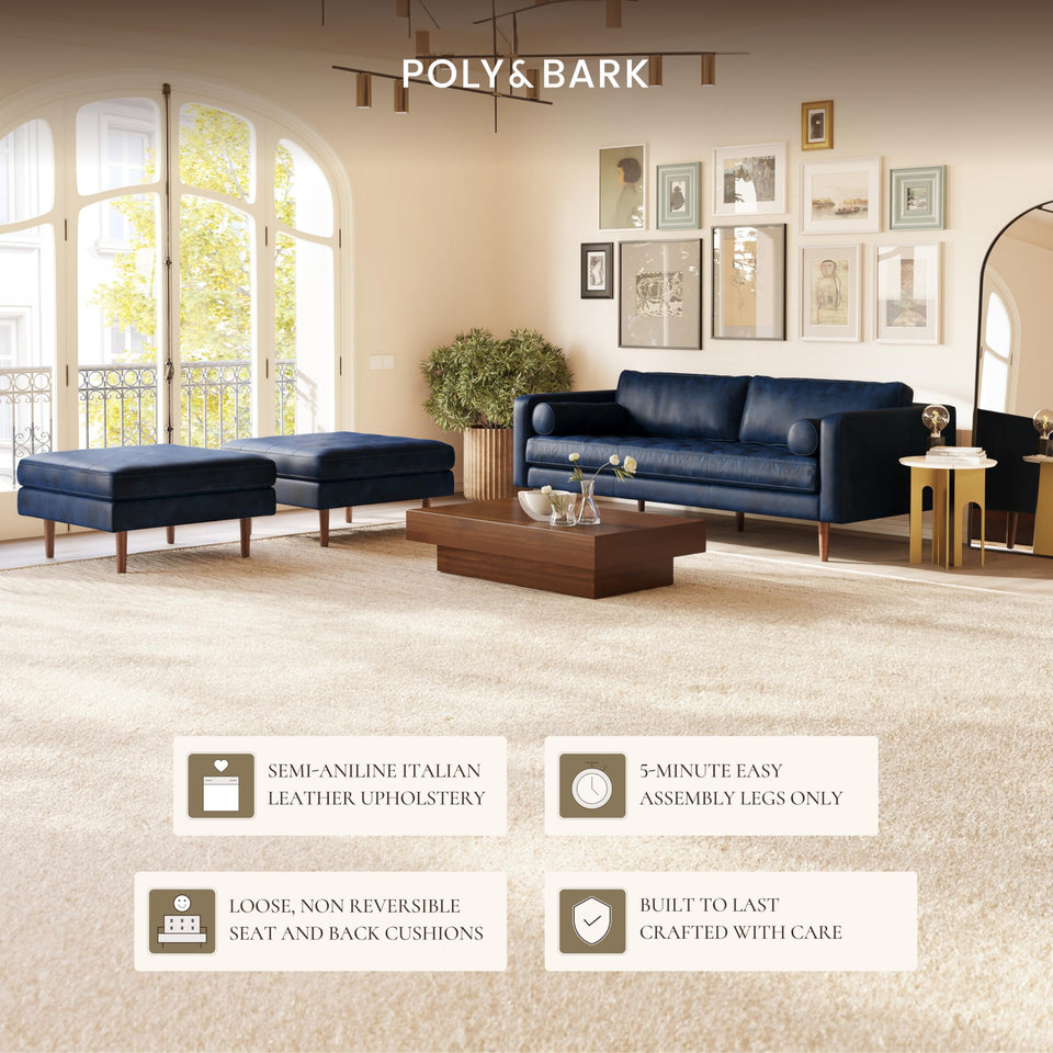 POLY & BARK Napa 72" Apartment Sofa – Italian-Tanned Full-Grain Pure-Aniline or Semi-Aniline Leather, Feather-Down Cushioning, Kiln-Dried Solid Wood Frame, Walnut Legs - Cognac Tan