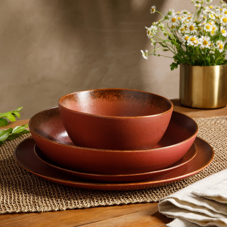 Bloomhouse Santorini Mist Double Bowl Terracotta Reactive Glaze Plates and Bowls Dinnerware Set - Amber, Service for Four (16pcs)
