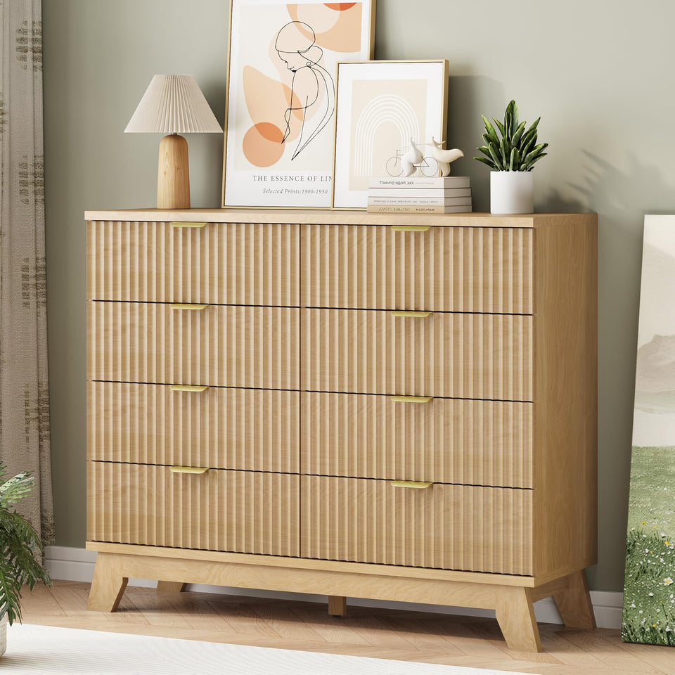 Fluted Dresser for Bedroom with 9 Drawers, 57" Wide Modern Chest of Drawers with Metal Handle, Wooden Dresser TV Stand, Wood Closet Clothes Storage Organizer for Living Room, Hallway, Natural Oak
