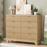 Fluted Dresser for Bedroom with 9 Drawers, 57" Wide Modern Chest of Drawers with Metal Handle, Wooden Dresser TV Stand, Wood Closet Clothes Storage Organizer for Living Room, Hallway, Natural Oak