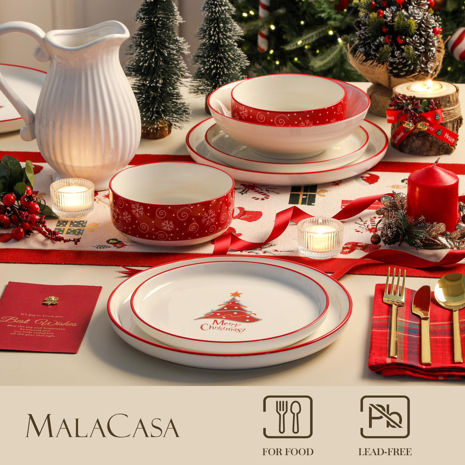 MALACASA Plates and Bowls Sets, 24 Pieces Modern Porcelain Dinnerware Set for 6 Ceramic Dishware Dishes White Kitchen Dinner Dining Ware Set wtih Black Rim Microwave and Dishwasher Safe, Series LUNA
