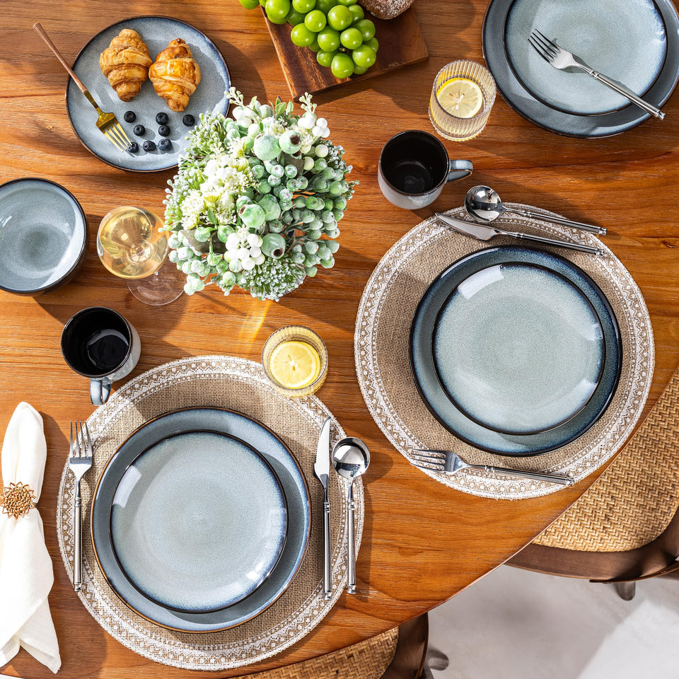 LeRatio Ceramic Dinnerware Sets for 6,Plates and Bowls Sets,Handmade Reactive Glaze Dishes Set,Chip Resistant and Scratch Resistant | Oven&Dishwasher & Microwave Safe-Blue(18PCS)