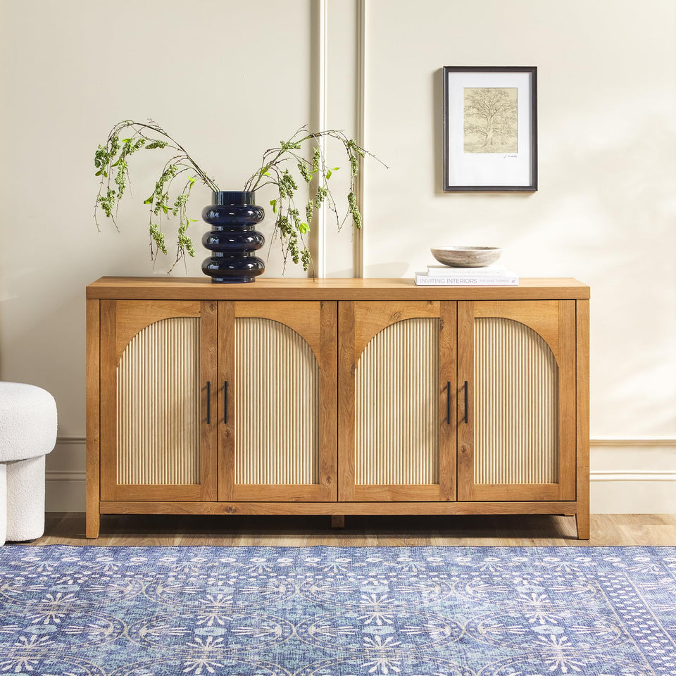 Walker Edison Sasha 4-Door Reeded Sideboard Buffet with Cord Management, 70 Inch, Coastal Oak