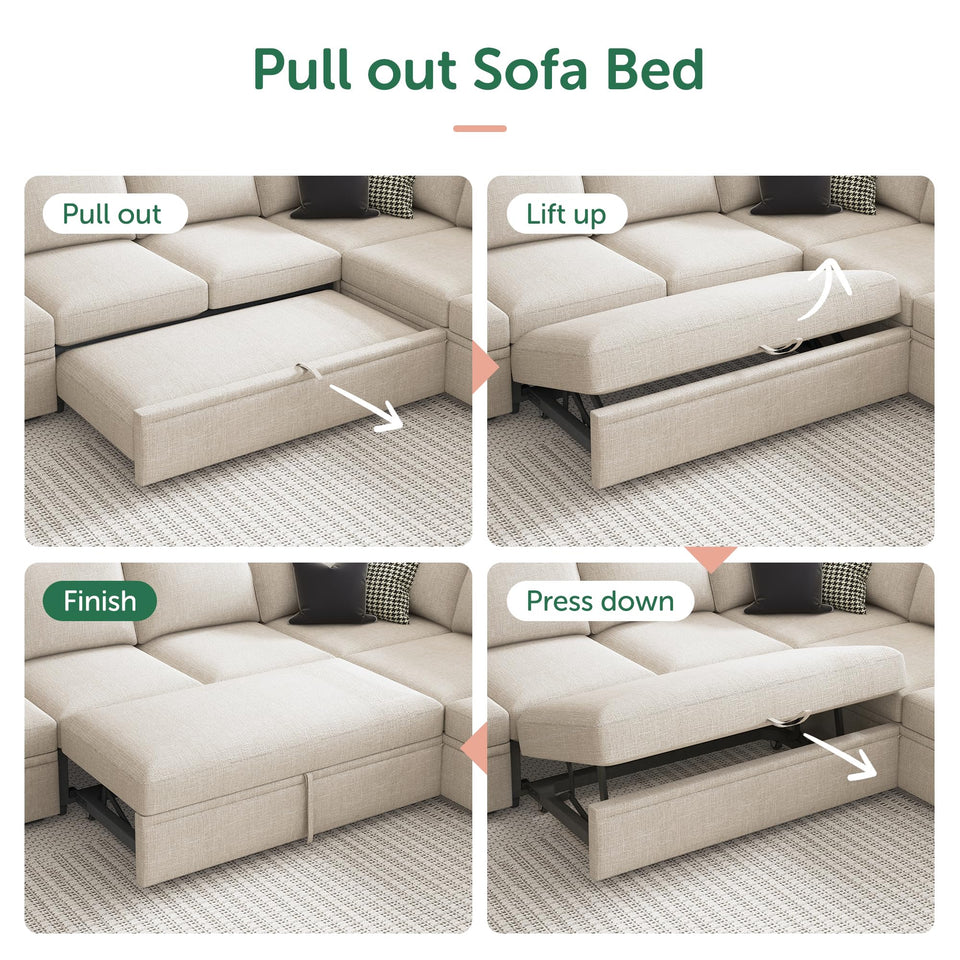 HONBAY Sectional Sleeper Sofa with Pull Out Bed, U Shaped Couch with Storage, Modular Sectional Couches for Living Room, Dark Grey