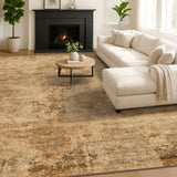 Neutral Living Room Rug - 10x14 Farmhouse Beige Brown Large Area Rug for Dining Room, Bedroom, Low Pile Lightweight Washable