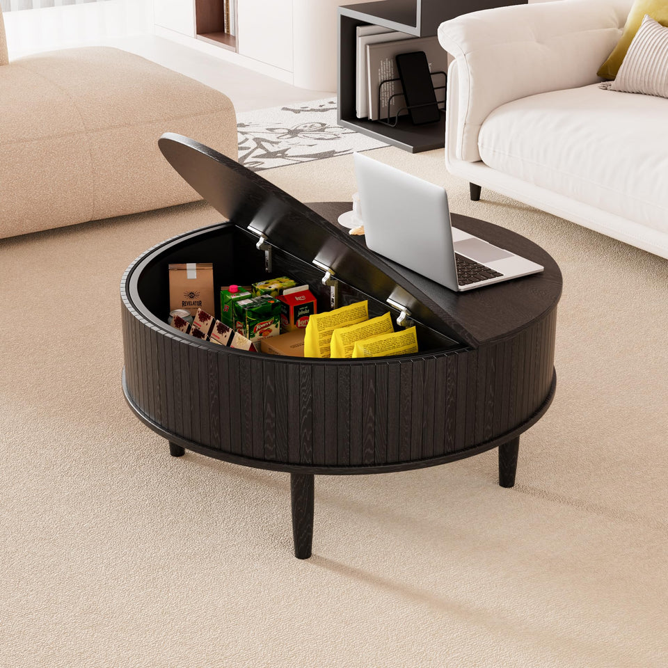 Round Fluted Lift Top Coffee Table with Storage, Mid Century Modern Coffee Table for Living Room, Home Small Space,31.5" Fluted Center Table (Walnut, 31.5inch)