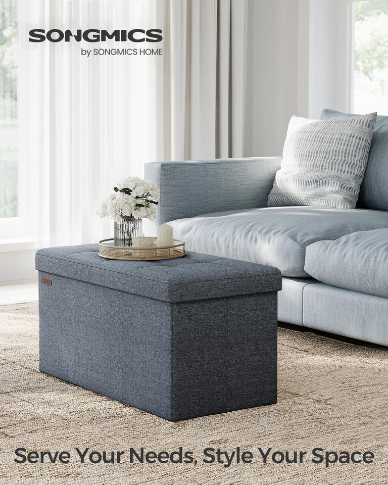 SONGMICS MAZIE Collection - 43 Inches Folding Storage Ottoman Bench, Ottoman Foot Rest, End of Bed Bench, Storage Chest, Load 660 lb, for Living Room, Bedroom, Entryway, Dark Gray ULSF77K