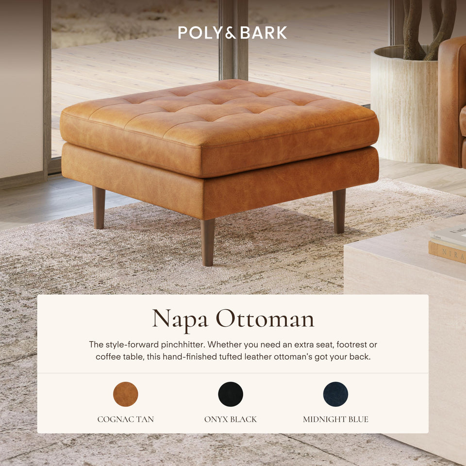 POLY & BARK Napa 72" Apartment Sofa – Italian-Tanned Full-Grain Pure-Aniline or Semi-Aniline Leather, Feather-Down Cushioning, Kiln-Dried Solid Wood Frame, Walnut Legs - Cognac Tan