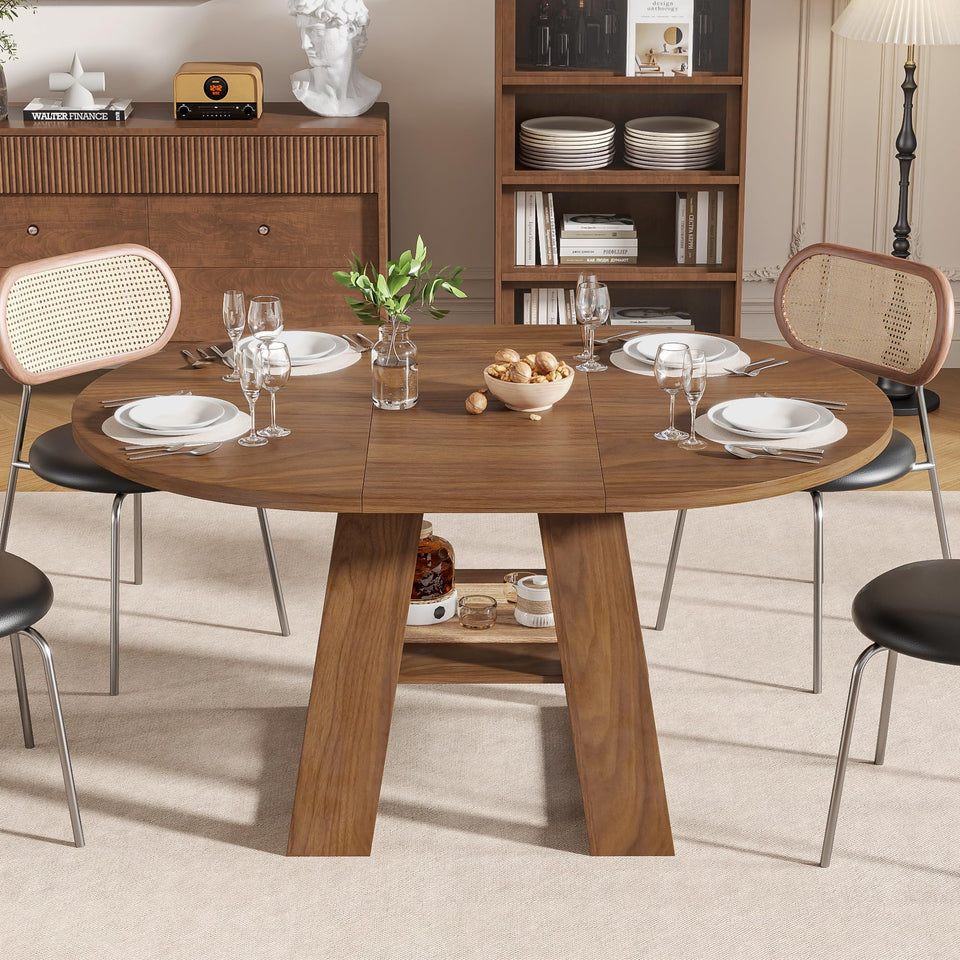 43.3in-59in Extendable Round Dining Table for 4-8,Modern Kitchen Oval Dining Table with Removable Leaves Space Saving,Wood Base with Storage Shelf for Kitchen Living Room (Walnut)