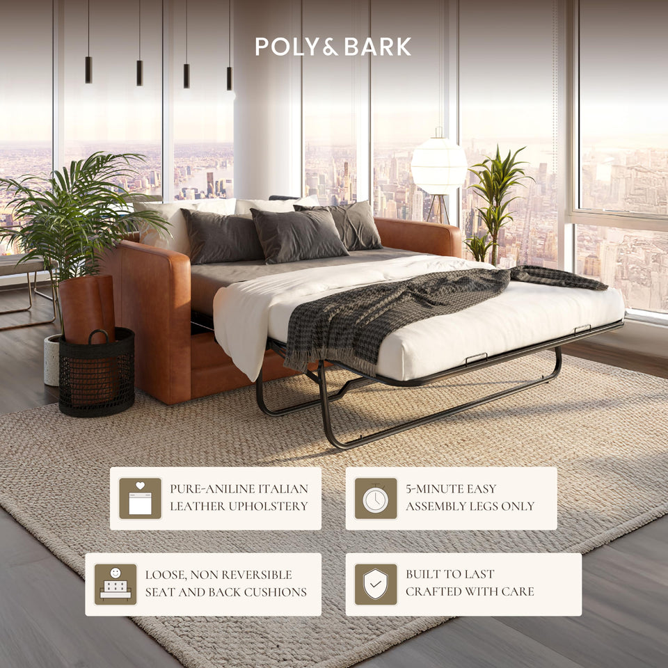 POLY & BARK Napa 72" Apartment Sofa – Italian-Tanned Full-Grain Pure-Aniline or Semi-Aniline Leather, Feather-Down Cushioning, Kiln-Dried Solid Wood Frame, Walnut Legs - Cognac Tan
