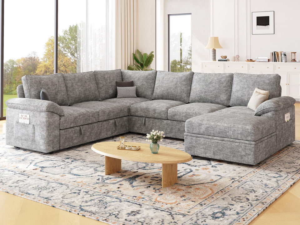 SUAWY 108 Inch Sectional Sleeper Sofa with Pull Out Bed,U Shaped 7 Seat Modular Sectional Sofa with Storage,Sectional Couches for Living Room,Cloud Modular Couch,Removable Sofa Cover,Dark Grey