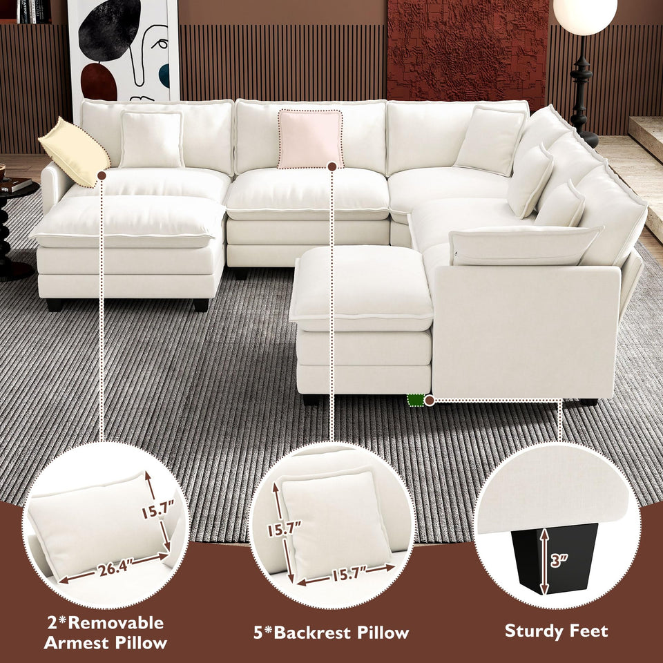 Ihanherry 146" U-Shaped Modern Sofa Modular Sectional Cloud Couch with 2 Ottoman, 6-Seat Chenille Deep Seat Sofa with 6 Pillows for Living Room, Bedroom and Apartment, Grey