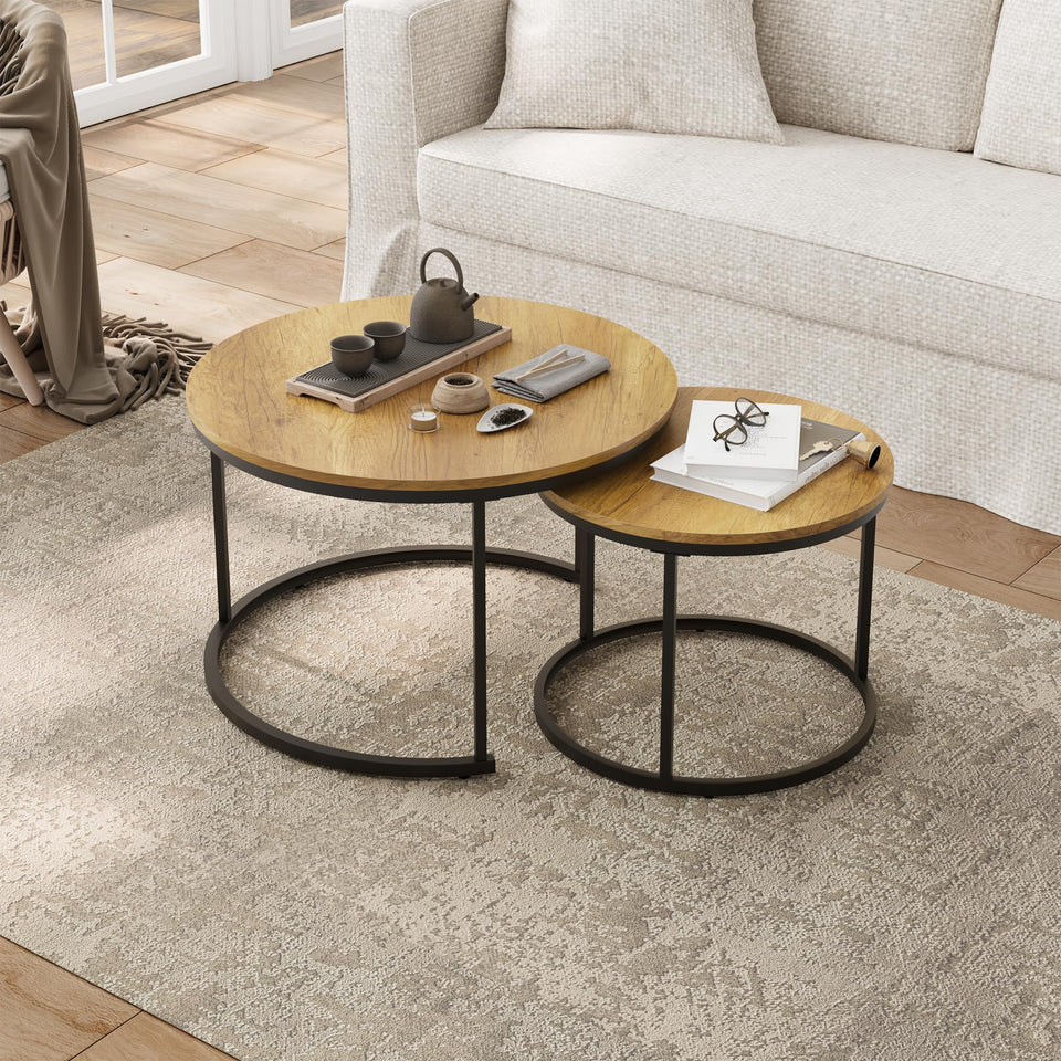 Smuxee Nesting Coffee Table Set of 2, 23.6" Round Coffee Table Wood Grain Top with Adjustable Non-Slip Feet, Industrial End Table Side Tables for Living Room Bedroom Balcony Yard