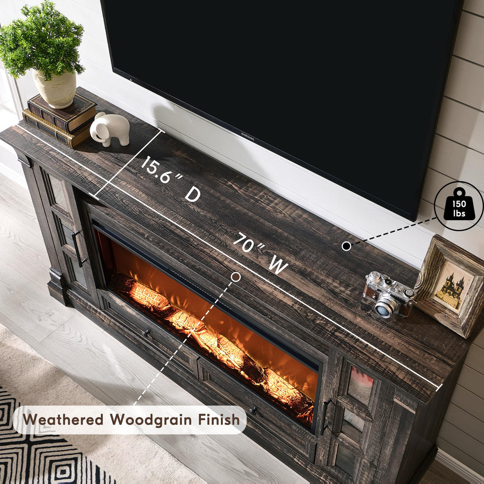 OKD Fireplace TV Stand for up-to-80 TV, Farmhouse 36" Tall Entertainment Center with 42" Electric Fireplace, Media Console with Glass Door Cabinets & Drawers for Living Room, Antique White