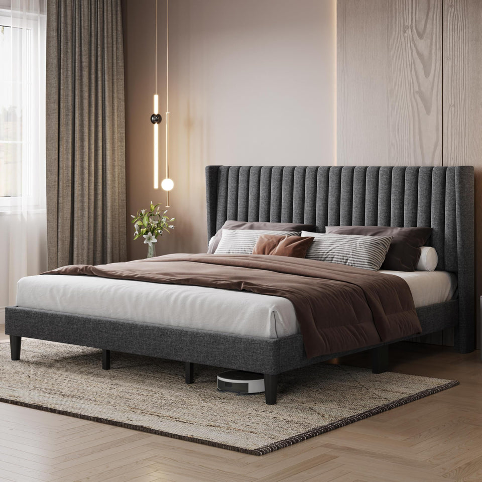 Yaheetech King Bed Frame Upholstered Platform Bed with Fabric Headboard, Wing Edge Design/Non-Slip and Noise-Free/Wooden Slats Support/No Box Spring Needed/Easy Assembly, Ivory King Bed