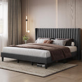 Yaheetech King Bed Frame Upholstered Platform Bed with Fabric Headboard, Wing Edge Design/Non-Slip and Noise-Free/Wooden Slats Support/No Box Spring Needed/Easy Assembly, Ivory King Bed