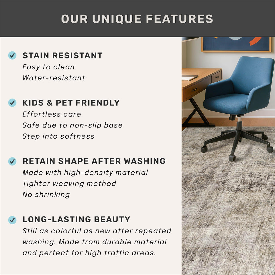 Neutral Living Room Rug - 10x14 Farmhouse Beige Brown Large Area Rug for Dining Room, Bedroom, Low Pile Lightweight Washable