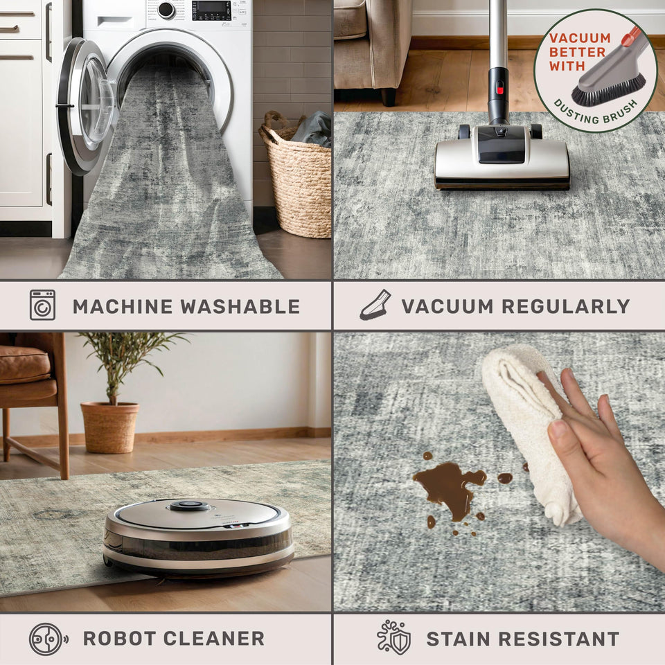 Neutral Living Room Rug - 10x14 Farmhouse Beige Brown Large Area Rug for Dining Room, Bedroom, Low Pile Lightweight Washable