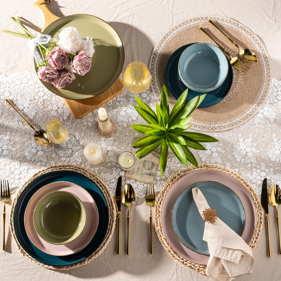 AmorArc Ceramic Dinnerware Sets for 8, 24 Pieces Handpainted Plates and Bowls Set with Rustic Terracotta Underside, Scratch Resistant Stoneware Dishes Set, Dishwasher & Microwave Safe, Light Beige