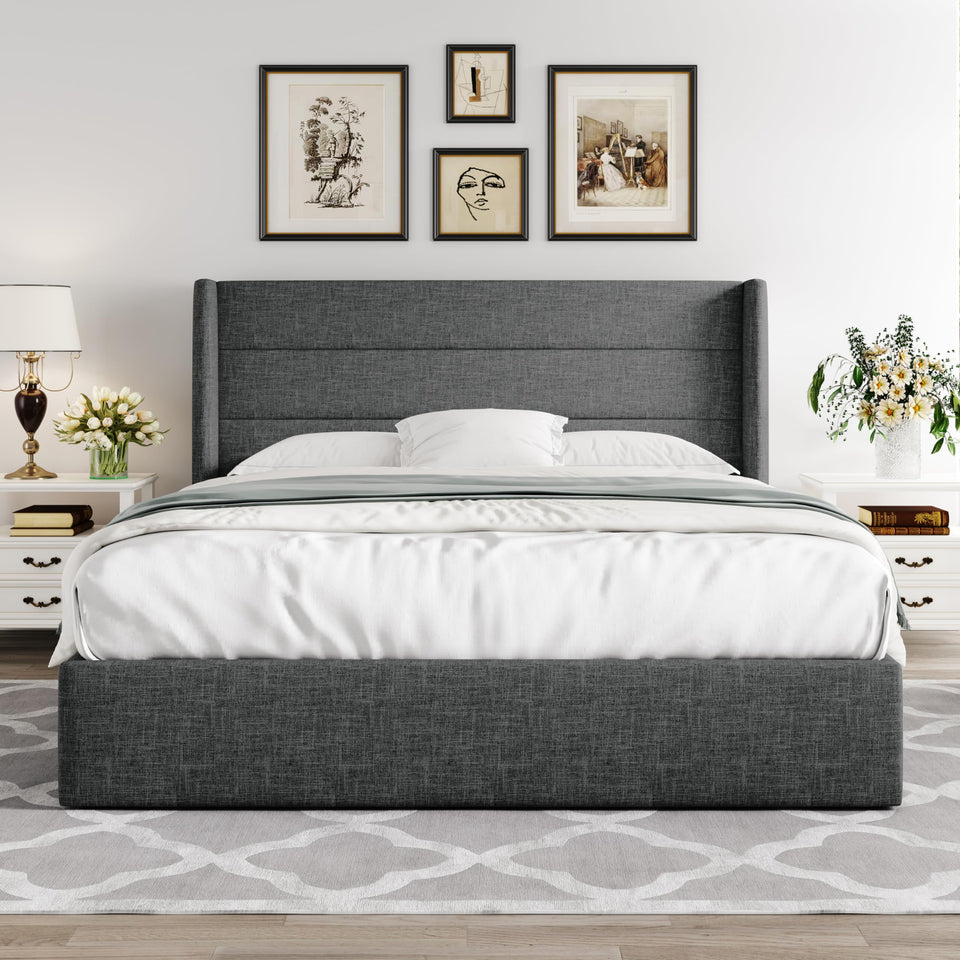 Allewie King Size Lift Up Storage Bed, Modern Wingback Headboard, Hydraulic Support, No Box Spring Needed, Light Beige