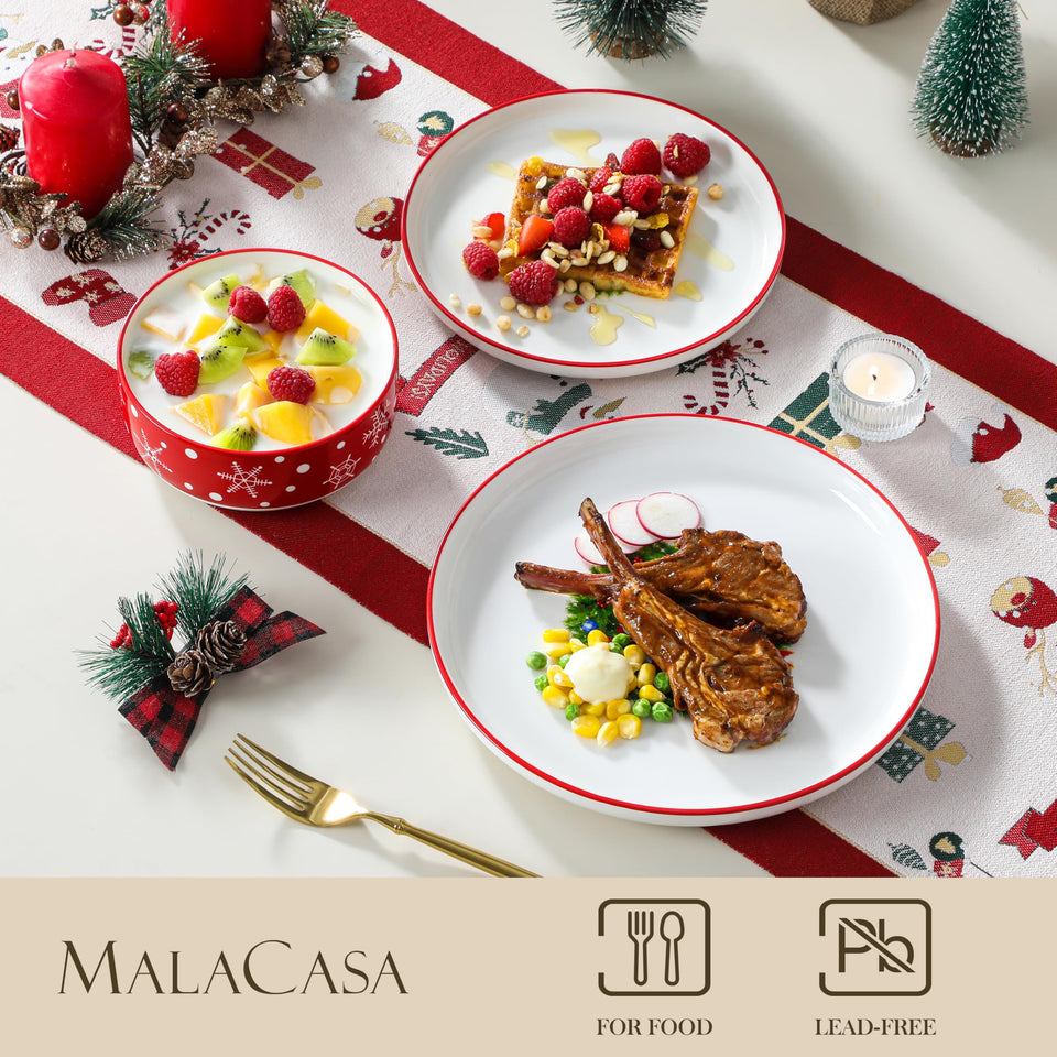 MALACASA Plates and Bowls Sets, 24 Pieces Modern Porcelain Dinnerware Set for 6 Ceramic Dishware Dishes White Kitchen Dinner Dining Ware Set wtih Black Rim Microwave and Dishwasher Safe, Series LUNA