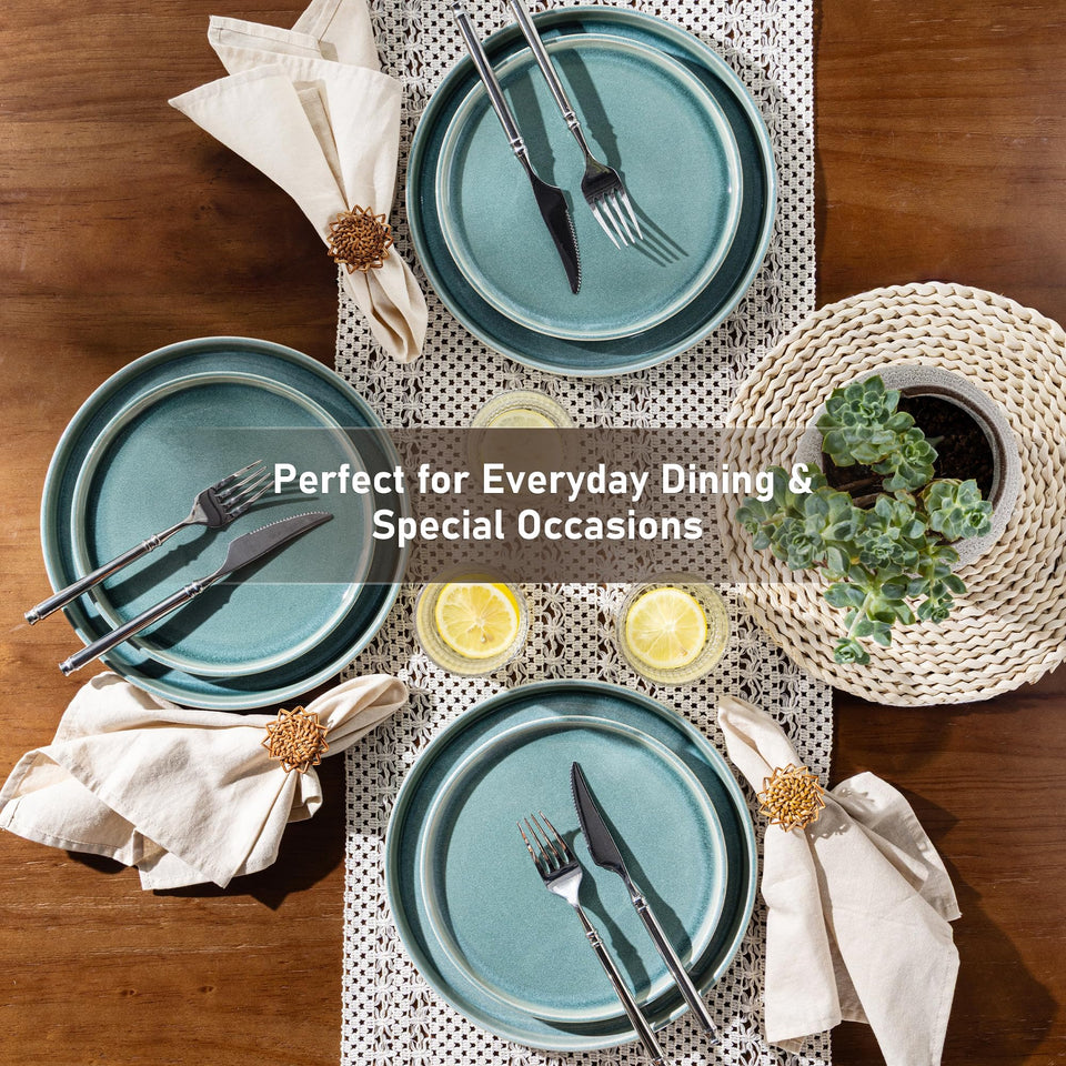 GBHOME Ceramic Dinnerware Sets for 8, 24 Pieces Stoneware Plates and Bowls Sets, Scratch Resistant Dishes, Dishwasher & Microwave Safe, Reactive Glaze-Green Wheat