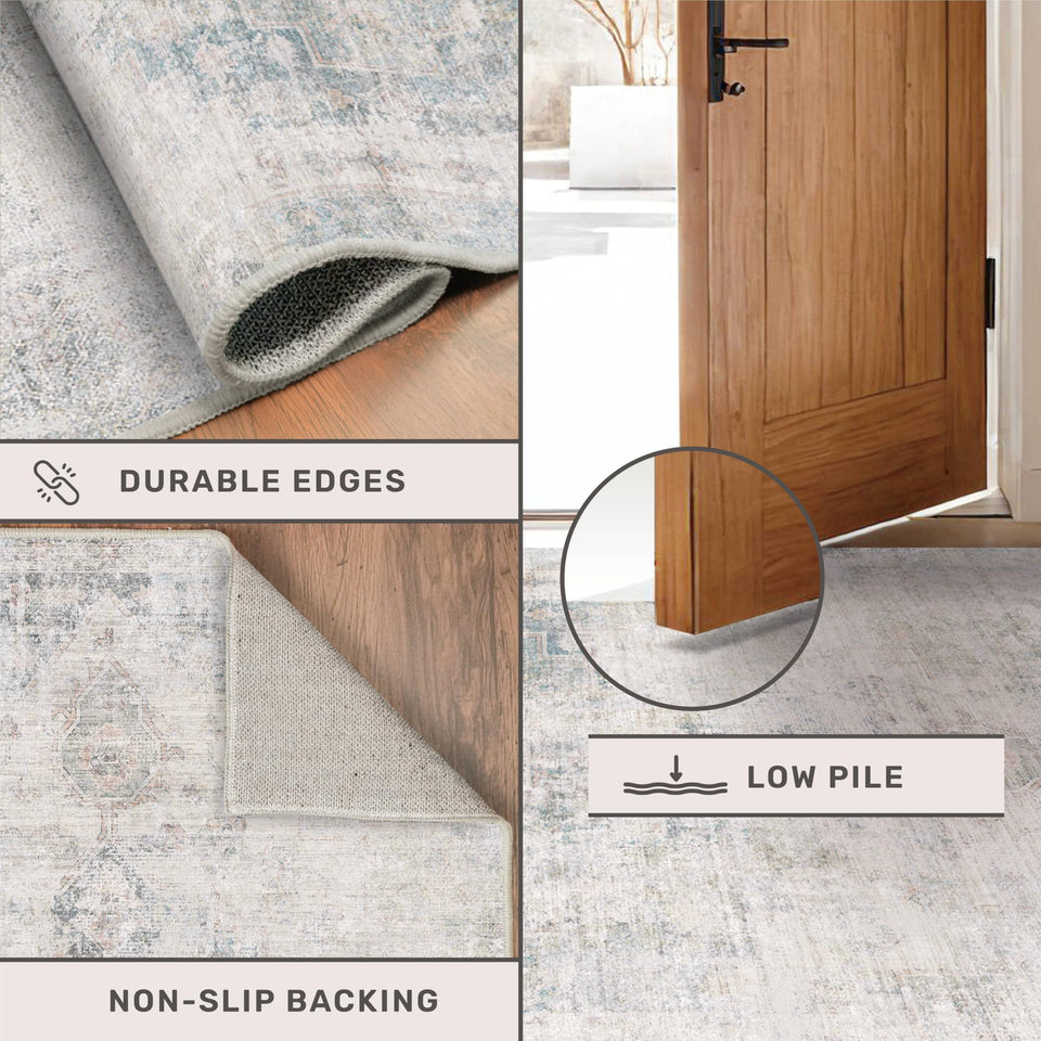 Neutral Living Room Rug - 10x14 Farmhouse Beige Brown Large Area Rug for Dining Room, Bedroom, Low Pile Lightweight Washable