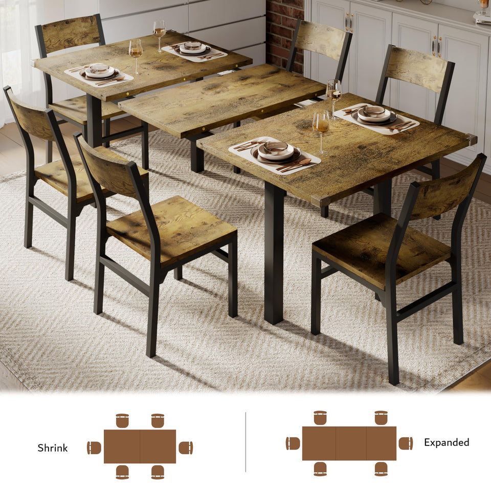 iPormis 7-Piece Dining Table Set with 6 Chairs, 63" Extendable Kitchen Table & Chairs Set for 4-6, Dining RoomTable with Solid Metal Frame & MDF Board, Perfect for Small Space, Easy Assembly, Walnut