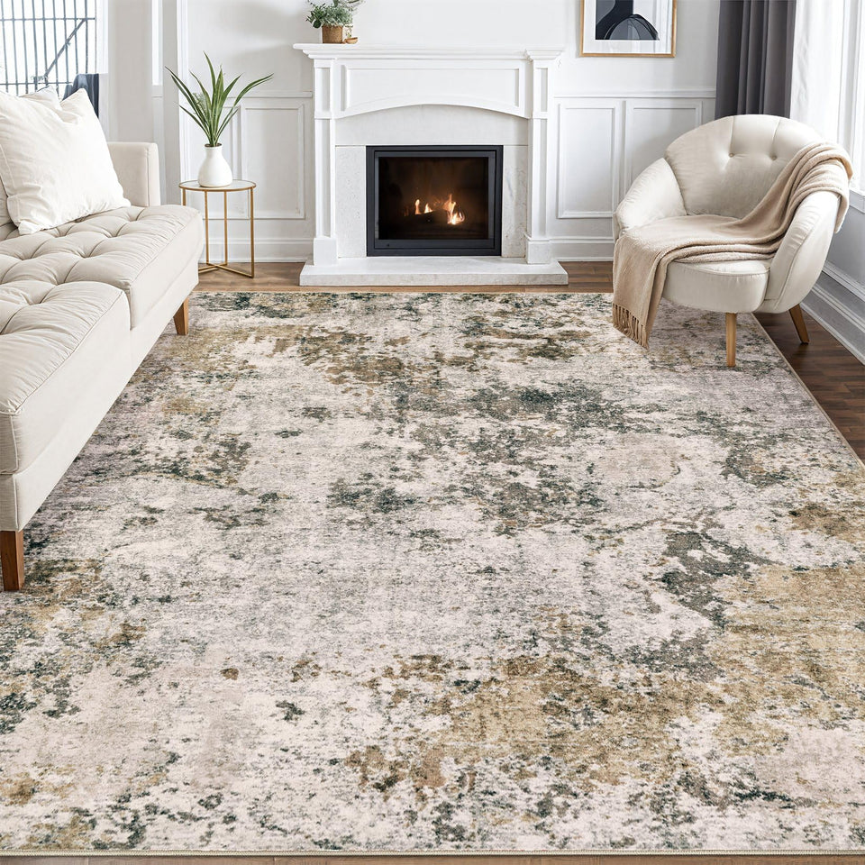 Area Rugs for Living Room: 12x15 Abstract Washable Rug Modern Neutral Large Soft Stain Resistant Non-Slip Backing Machine Table for Bedroom Dining Room Indoor Home Office Carpet - Gold Brown