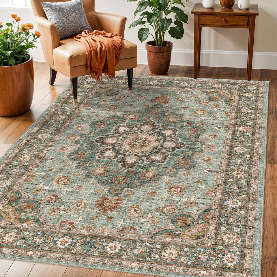 TOPRUUG Washable Oriental Area Rug - 12x15 Rugs for Living Room Soft Carpet for Bedroom Waterproof Floral Distressed Indoor Stain Resistant Non-Shedding Floor Carpets (Green, 12x15)