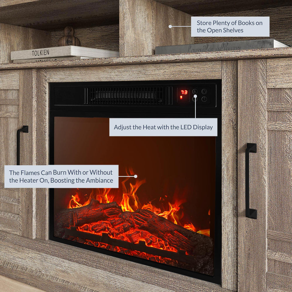 BELLEZE Traditional 58" Rustic TV Stand with 23" Electric Fireplace Heater with Sound, Media Entertainment Center Console Table for TV up to 65" with Open Storage Shelves and Cabinets - Espresso