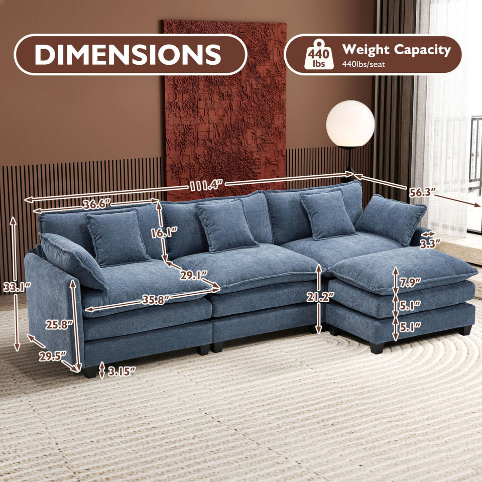 Ihanherry 146" U-Shaped Modern Sofa Modular Sectional Cloud Couch with 2 Ottoman, 6-Seat Chenille Deep Seat Sofa with 6 Pillows for Living Room, Bedroom and Apartment, Grey