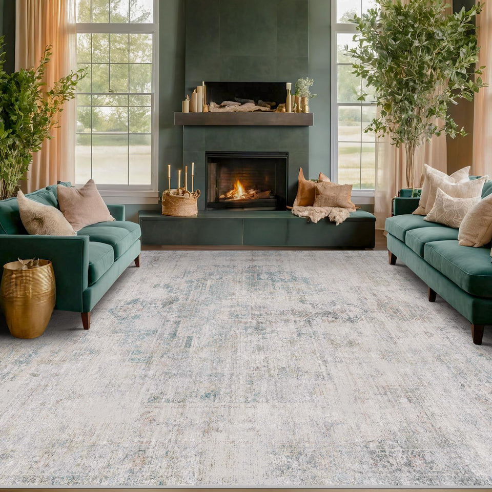 Neutral Living Room Rug - 10x14 Farmhouse Beige Brown Large Area Rug for Dining Room, Bedroom, Low Pile Lightweight Washable