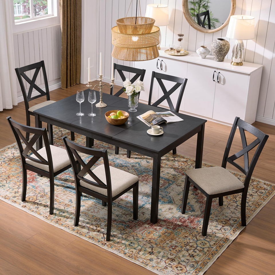 AMERLIFE 7-Piece Farmhouse Solid Wood Dining Table Set with 6 Upholstered Chairs, 60" Space Saving Dinner Table & Chairs Set, for Dining Room, Kitchen, Restaurant, Brown & White