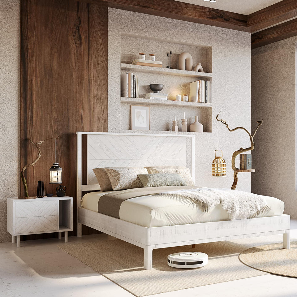 Bme Vivian 14 Inch Deluxe Bed Frame with Headboard, Rustic & Scandinavian Style with Solid Acacia Wood, No Box Spring Needed, 12 Strong Wood Slat Support, Easy Assembly, King, Rustic Golden Brown