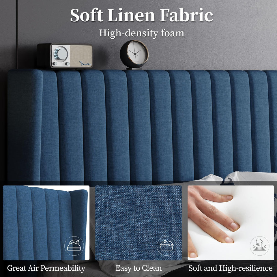 Yaheetech King Bed Frame Upholstered Platform Bed with Fabric Headboard, Wing Edge Design/Non-Slip and Noise-Free/Wooden Slats Support/No Box Spring Needed/Easy Assembly, Ivory King Bed