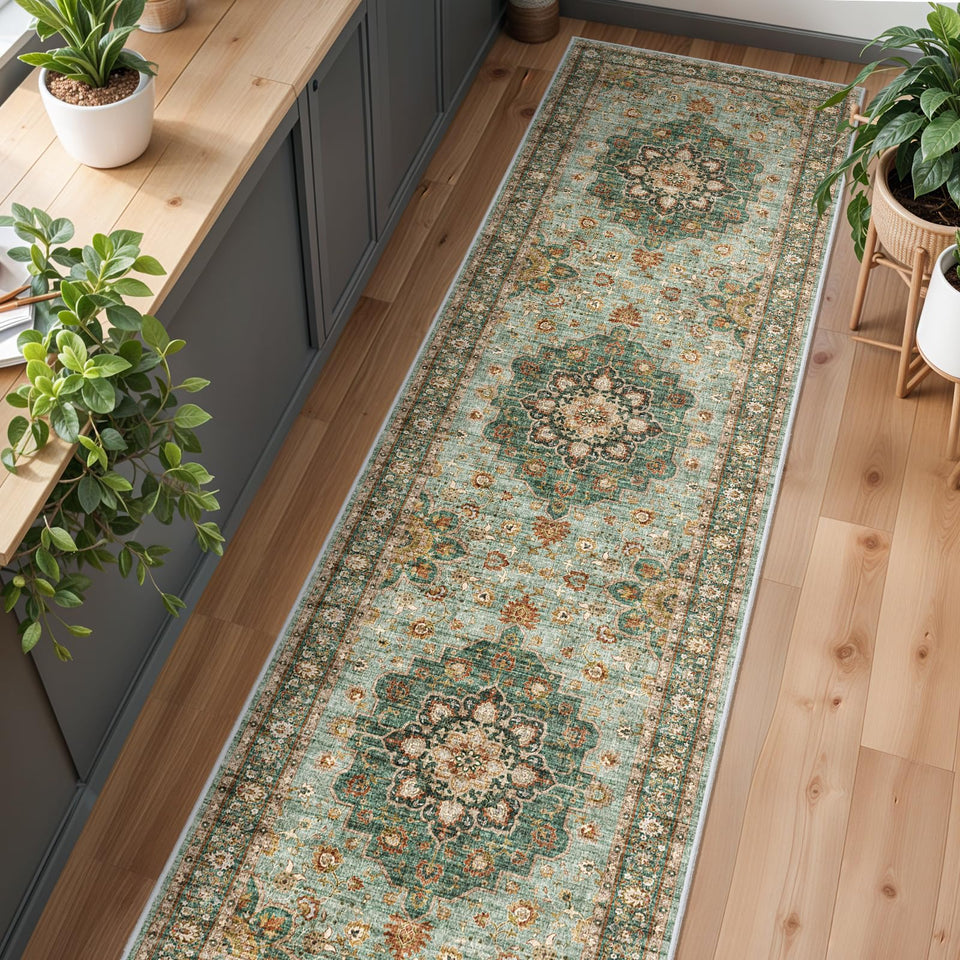 TOPRUUG Washable Oriental Area Rug - 12x15 Rugs for Living Room Soft Carpet for Bedroom Waterproof Floral Distressed Indoor Stain Resistant Non-Shedding Floor Carpets (Green, 12x15)
