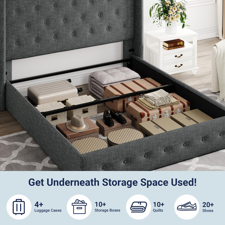 Allewie King Size Lift Up Storage Bed, Modern Wingback Headboard, Hydraulic Support, No Box Spring Needed, Light Beige