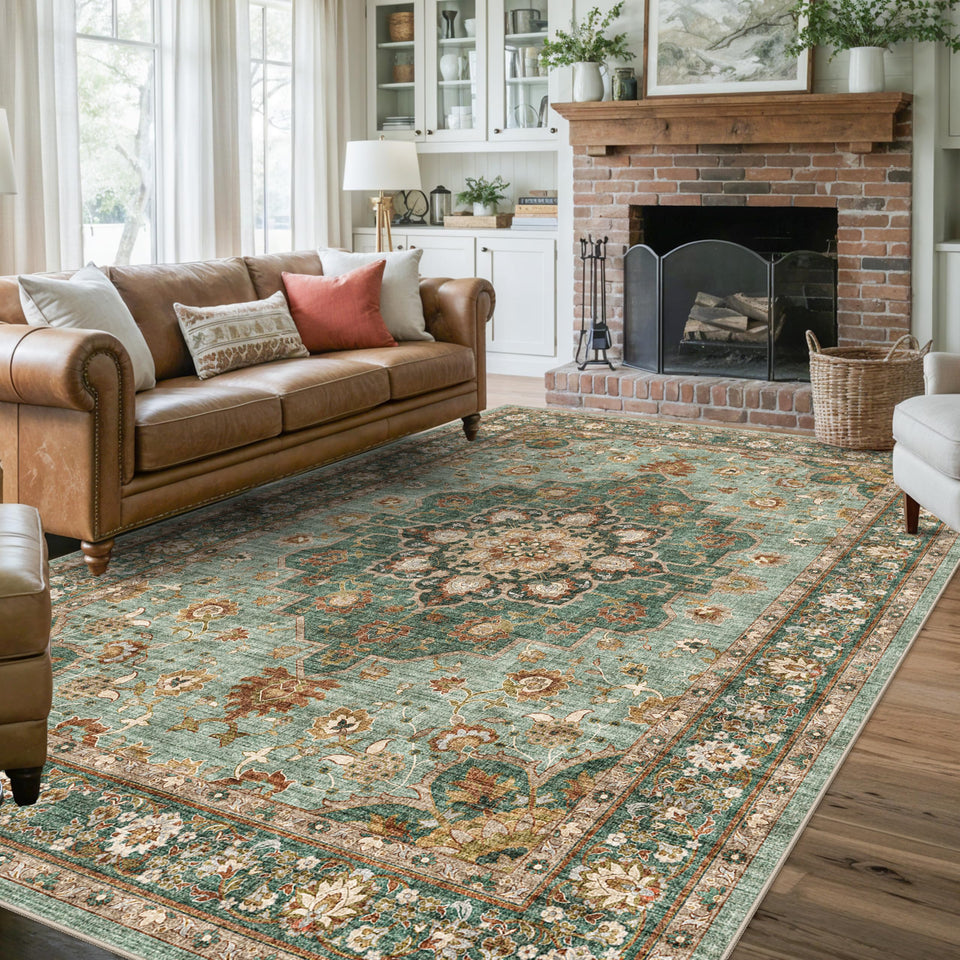 TOPRUUG Washable Oriental Area Rug - 12x15 Rugs for Living Room Soft Carpet for Bedroom Waterproof Floral Distressed Indoor Stain Resistant Non-Shedding Floor Carpets (Green, 12x15)