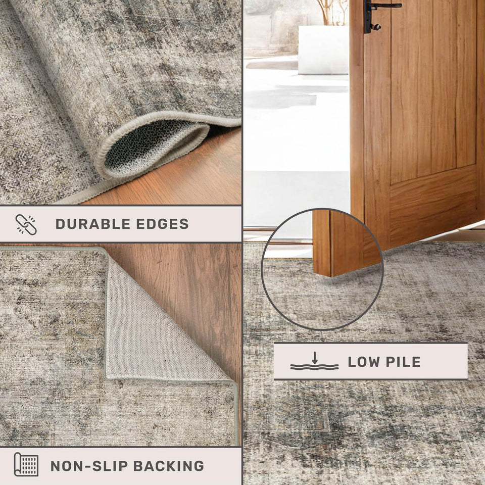 Neutral Living Room Rug - 10x14 Farmhouse Beige Brown Large Area Rug for Dining Room, Bedroom, Low Pile Lightweight Washable