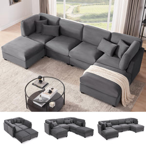 Huatean Home 125 Inch Oversized Corduroy Modular Sectional Sofa, U Shaped Modular Couch with Storage, 6 Seat Convertible Corduroy Couch, Comfy Sectional Couches for Living Room with Memory Foam, Grey